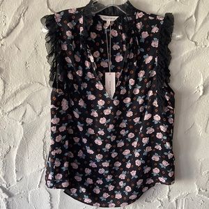 “Rebecca Taylor” NWT Beautiful Black Floral Print Silk Top, with Ruffled edge!